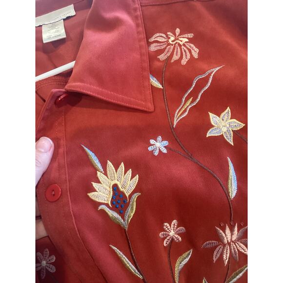 Susan Graver Womens Jacket Size 2X Button Up Burnt Red Embroidered Floral Fall - Picture 10 of 10